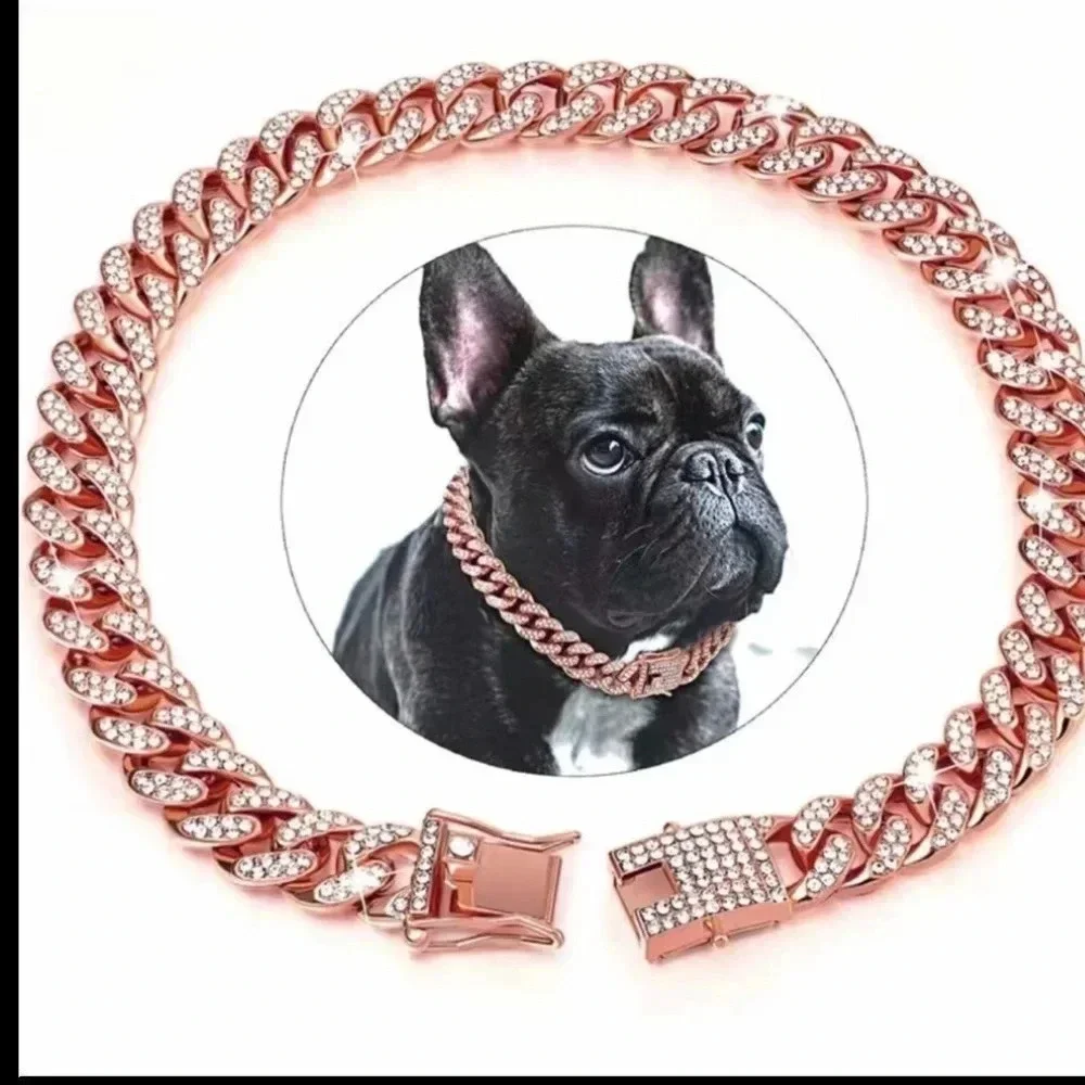 CUBAN LINK ICED OUT ROSE GOLD DOG CHAIN SIZE MEDIUM SPOIL YOUR PUP! 14”LONG